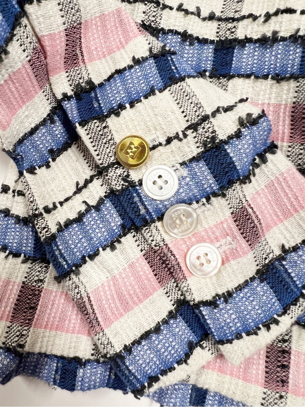 EENK Womens Ivory Pink Blue Preppy Single Breasted Short Tweed Jacket Size S - Picture 6 of 12
